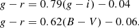 $$ \begin{aligned} \begin{aligned}&g-r = 0.79 (g-i) - 0.04\\&g-r = 0.62 (B-V) - 0.06. \end{aligned} \end{aligned} $$