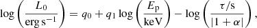 $$ \begin{aligned} \log \left(\frac{L_0}{\mathrm{erg}\,\mathrm{s}^{-1}}\right) = q_0 + q_1 \log \left(\frac{E_{\rm p}}{\mathrm{keV}}\right) - \log \left(\frac{\tau /\mathrm{s}}{|1+\alpha |}\right) , \end{aligned} $$