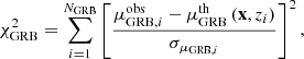 $$ \begin{aligned} \chi ^2_{\rm GRB}=\sum _{i=1}^{N_{\rm GRB}}\left[\dfrac{\mu _{\mathrm{GRB},i}^\mathrm{obs}-\mu _{\rm GRB}^\mathrm{th}\left(\mathbf{x},z_i\right)}{\sigma _{\mu _{\mathrm{GRB},i}}}\right]^2, \end{aligned} $$