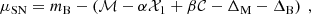 $$ \begin{aligned} \mu _{\rm SN}=m_{\rm B}- \left(\mathcal{M} -\alpha \mathcal{X} _1+\beta \mathcal{C} -\Delta _{\rm M}-\Delta _{\rm B}\right)\ , \end{aligned} $$