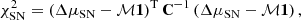 $$ \begin{aligned} \chi ^2_{\rm SN}=\left(\Delta \mathbf \mu _{\rm SN}- \mathcal{M} \mathbf 1 \right)^\mathrm{T} \mathbf C ^{-1} \left(\Delta \mathbf \mu _{\rm SN}-\mathcal{M} \mathbf 1 \right), \end{aligned} $$