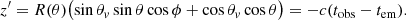 $$ \begin{aligned} z^{\prime } = R(\theta )\bigl (\sin \theta _{ v}\sin \theta \cos \phi + \cos \theta _{ v}\cos \theta \bigr ) = -c(t_{\rm obs} - t_{\rm em}). \end{aligned} $$