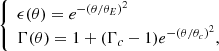 $$ \begin{aligned} {\left\{ \begin{array}{ll} \epsilon (\theta ) = e^{-(\theta /\theta _E)^2}\\ \Gamma (\theta ) = 1+(\Gamma _c -1)e^{-(\theta /\theta _c)^2}, \end{array}\right.} \end{aligned} $$