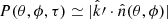 $ P(\theta, \phi, \tau) \simeq |\hat{k^\prime}\cdot \hat{n} (\theta, \phi)| $