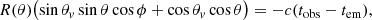 $$ \begin{aligned} R(\theta )\bigl (\sin \theta _{ v}\sin \theta \cos \phi + \cos \theta _{ v}\cos \theta \bigr ) = -c(t_{\rm obs} - t_{\rm em}), \end{aligned} $$