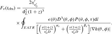 $$ \begin{aligned}&F_\nu (t_{\rm obs}) = \frac{2\eta ^{\prime }_{\nu ^{\prime }_0}}{\mathrm{d}^2_L(1+z)^3}\nonumber \\&\qquad \qquad \times \oint _{EATR} \frac{\epsilon (\theta )D^{3}(\theta , \phi )P(\theta , \phi , \tau )\mathrm{d}l}{\Bigl [\Bigl (\frac{\nu (1+z)}{\nu ^{\prime }_0D}\Bigr )^{\alpha _s} +\Bigl (\frac{\nu (1+z)}{\nu ^{\prime }_0D}\Bigr )^{\beta _s}\Bigr ]|\nabla {h}(\theta , \phi )|}. \end{aligned} $$