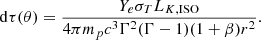 $$ \begin{aligned} \mathrm{d}\tau (\theta ) = \frac{Y_e \sigma _T L_{K, \mathrm{ISO}}}{4\pi m_p c^3\Gamma ^2(\Gamma -1)(1+\beta )r^2} . \end{aligned} $$
