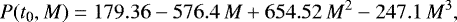 \begin{equation*} P(t_{\textrm{0}}, M) = 179.36-576.4\, M &#x002B;654.52\, M^2 -247.1\, M^3,\end{equation*}