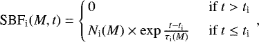 \begin{eqnarray*} \mbox{SBF}_{\textrm{i}}(M,t) = \left\{ \begin{array}{ll} 0 &\quad\mbox{if}\ t > t_{\textrm{i}} \\[5pt] N_{\textrm{i}}(M) \times \exp{{t-t_{\textrm{i}} \over \tau_{\textrm{i}}(M)}}&\quad\mbox{if}\ t \le t_{\textrm{i}} \end{array} \right.,\end{eqnarray*}