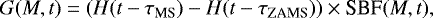 \begin{equation*} G(M,t) = (H(t- \tau_{\textrm{MS}}) - H(t- \tau_{\textrm{ZAMS}})) \times \mbox{SBF}(M,t),\end{equation*}