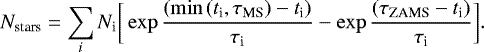 \begin{equation*} N_{\textrm{stars}} = \sum_{i} N_{\textrm{i}} \bigg[ \exp{{(\min{(t_{\textrm{i}}, \tau_{\textrm{MS}})} - t_{\textrm{i}}) \over \tau_{\textrm{i}}}} - \exp{{(\tau_{\textrm{ZAMS}} - t_{\textrm{i}}) \over \tau_{\textrm{i}}}} \bigg]. \nonumber \end{equation*}