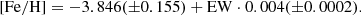 $$ \begin{aligned} \mathrm{[Fe/H]} = -3.846(\pm 0.155)+\mathrm{EW}\cdot 0.004(\pm 0.0002). \end{aligned} $$