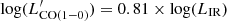 $ \mathrm{log} (L^\prime_{\mathrm{CO(1-0)}})=0.81\times\mathrm{log} ( L_{\rm IR} ) $