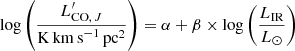 $$ \begin{aligned} \mathrm{log} \left( \frac{L^\prime _{\mathrm{CO}, \, J}}{\mathrm{K\, km\, s}^{-1}\,\mathrm{pc}^2} \right) = \alpha +\beta \times \mathrm{log} \left( \frac{L_{\rm IR}}{L_\odot }\right) \end{aligned} $$