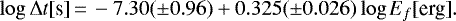 \begin{equation*} \log \Delta t \textrm{[s]}\,{=}\, -7.30(\pm0.96) &#x002B; 0.325(\pm0.026)\log E_f \textrm{[erg]}. \end{equation*}