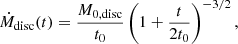 $$ \begin{aligned} \dot{M}_{\rm disc}(t) = \frac{M_{0,\mathrm{disc}}}{t_0} \left( 1 + \frac{t}{2t_0} \right)^{-3/2}, \end{aligned} $$