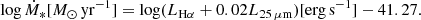 $$ \begin{aligned}&\log \dot{M}_* [{M}_\odot \,\mathrm{yr}^{-1}] = \log (L_{\mathrm{H}\alpha } + 0.02 L_{25\,\mu \mathrm{m}}) [\mathrm{erg\,s}^{-1}] - 41.27. \end{aligned} $$