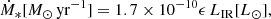 $$ \begin{aligned} \dot{M}_*[{M}_\odot \,\mathrm{yr}^{-1}] = 1.7 \times 10^{-10} \epsilon \, L_{\rm IR} [{L}_\odot ], \end{aligned} $$