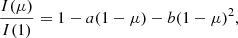 $$ \begin{aligned} \frac{I(\mu )}{ I(1)} = 1 - a(1 - \mu ) - b(1 - \mu )^2, \end{aligned} $$