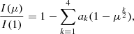 $$ \begin{aligned} \frac{I(\mu )}{ I(1)} = 1 - \sum _{k=1}^{4} {a_k} (1 - \mu ^{\frac{k}{2}}), \end{aligned} $$