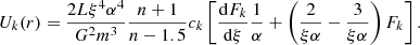 $$ \begin{aligned} U_k(r) = \frac{2L\xi ^4 \alpha ^4}{G^2 m^3} \frac{n+1}{n-1.5}c_k \left[\frac{\mathrm{d}F_k}{\mathrm{d}\xi }\frac{1}{\alpha } + \left(\frac{2}{\xi \alpha }- \frac{3}{\xi \alpha }\right)F_k\right] . \end{aligned} $$