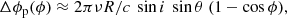 $$ \begin{aligned}&\Delta \phi _{\rm p} (\phi ) \approx 2\pi \nu R/c\ \sin i\ \sin \theta \ (1-\cos \phi ), \end{aligned} $$