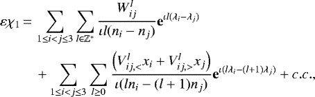\begin{align*} \varepsilon \chi_1 \,{=}\,& \sum_{1\leq i<j\leq 3}\sum_{l\in{\mathbb{Z}}^*} \frac{W_{ij}^l}{\iota l(n_i-n_j)} \mathbf{e}^{\iota l(\lambda_i-\lambda_j)}\\ &&#x002B;\sum_{1\leq i<j\leq 3}\sum_{l\geq0} \frac{\left(V_{ij,<}^{l}x_i&#x002B;V_{ij,>}^{l}x_j\right)}{\iota (ln_i-(l&#x002B;1)n_j)} \mathbf{e}^{\iota (l\lambda_i-(l&#x002B;1)\lambda_j)} &#x002B; c.c.,\nonumber \end{align*}