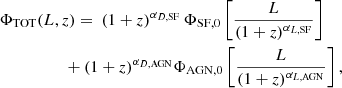 $$ \begin{aligned} \begin{aligned}&\Phi _{\mathrm{TOT}}({L,z}) = \ (1+{z})^{\alpha _{D,\mathrm{SF}}}\,\Phi _{\mathrm{SF},0} \left[ \dfrac{{L}}{(1+{z})^{\alpha _{ L,\mathrm{SF}}}}\right] \\&\qquad \qquad \quad + (1+{z})^{\alpha _{ D,\mathrm{AGN}}}\Phi _{\mathrm{AGN},0}\left[ \dfrac{{L}}{(1+{z})^{\alpha _{L,\mathrm{AGN}}}} \right], \end{aligned} \end{aligned} $$