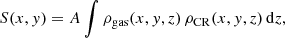 $$ \begin{aligned} S(x,{ y}) = A \int \rho _{\rm gas}(x,{ y},z)\,\rho _{\rm CR}(x,{ y},z)\,\mathrm{d}z, \end{aligned} $$