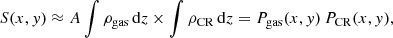 $$ \begin{aligned} S(x,{ y}) \approx A \int \rho _{\rm gas}\,\mathrm{d}z \times \int \rho _{\rm CR}\,\mathrm{d}z = P_{\rm gas}(x,{ y})\,P_{\rm CR}(x,{ y}), \end{aligned} $$