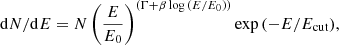 $$ \begin{aligned} \mathrm{d}N/\mathrm{d}E = N \left(\frac{E}{E_0} \right)^{(\Gamma + \beta \log {(E/E_0)})} \exp {(-E/E_{\rm cut})}, \end{aligned} $$