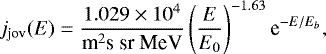 \begin{equation*} j_{\textrm{jov}}(E)= \frac{1.029\times 10^{4}}{\mbox{m}^2\mbox{s sr MeV}} \left(\frac{E}{E_0}\right)^{-1.63} \textrm{e}^{-E/E_{b}},\end{equation*}