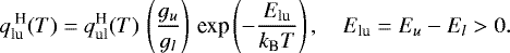 \begin{equation*} q_{\textrm{lu}}^{\text{ {H}}}(T) = q_{\textrm{ul}}^{\text{{H}}}(T) \,\left( \frac{g_u}{g_l}\right) \,\text{exp}\left(-\frac{E_{\textrm{lu}}}{k_{\text{B}} T}\right), \quad E_{\textrm{lu}} = E_u -E_l > 0. \end{equation*}