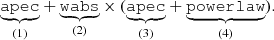 $$ \begin{aligned} \underset{\text{(1)}}{\underbrace{\mathtt{apec }}}+\underset{\text{(2)}}{\underbrace{\mathtt{wabs }}}\times (\underset{\text{(3)}}{\underbrace{\mathtt{apec }}}+\underset{\text{(4)}}{\underbrace{\mathtt{powerlaw }}}). \end{aligned} $$