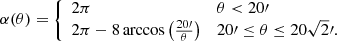$$ \begin{aligned} \alpha (\theta )= {\left\{ \begin{array}{ll} 2\pi&\theta < 20\prime \\ 2\pi -8\arccos \left(\frac{20\prime }{\theta }\right)&20\prime \le \theta \le 20\sqrt{2}\prime . \end{array}\right.} \end{aligned} $$