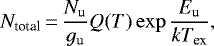 \begin{equation*} N_{\textrm{total}} \,{=}\, \frac{N_{\textrm{u}}}{g_{\textrm{u}}} Q(T) \exp\frac{E_{\textrm{u}}}{k T_{\textrm{ex}}}, \end{equation*}