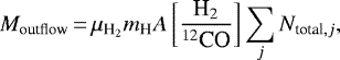 \begin{equation*} M_{\textrm{outflow}} \,{=}\, \mu_{\textrm{H}_2} m_{\textrm{H}} A \left[ \frac{{\textrm{H}_2}}{{{}^{12}\textrm{CO}}} \right] \sum_j N_{{\textrm{total}},j}, \end{equation*}
