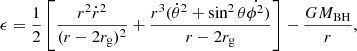 $$ \begin{aligned} \epsilon = \frac{1}{2}\left[\frac{r^2\dot{r}^2}{(r-2r_{\rm g})^2} + \frac{r^3(\dot{\theta }^2+\sin ^2\theta \dot{\phi ^2})}{r-2r_{\rm g}}\right] - \frac{GM_{\rm BH}}{r} ,\end{aligned} $$