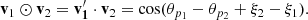 $$ \begin{aligned} \mathbf{v}_1 \odot \mathbf{v}_2 = \mathbf{v}_\mathbf{1}^{\prime } \cdot \mathbf{v}_2 = \cos (\theta _{p_1} - \theta _{p_2} + \xi _2 - \xi _1). \end{aligned} $$