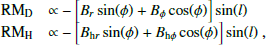 $$ \begin{aligned} \begin{array}{@ll} \mathrm{RM}_{\rm D}&\propto -\left[B_r\sin (\phi ) + B_\phi \cos (\phi )\right]\sin (l) \\ \mathrm{RM}_{\rm H}&\propto -\left[B_{\mathrm{h}r}\sin (\phi ) + B_{\mathrm{h}\phi }\cos (\phi )\right]\sin (l)~, \end{array} \end{aligned} $$