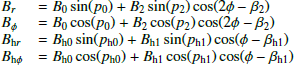 $$ \begin{aligned} \begin{array}{@ll} B_r&= B_0\sin (p_0) + B_2\sin (p_2)\cos (2\phi - \beta _2) \\ B_\phi&= B_0\cos (p_0) + B_2\cos (p_2)\cos (2\phi - \beta _2) \\ B_{\mathrm{h}r}&= B_{\mathrm{h}0}\sin (p_{\mathrm{h}0}) + B_{\mathrm{h}1}\sin (p_{\mathrm{h}1})\cos (\phi - \beta _{\mathrm{h}1}) \\ B_{\mathrm{h}\phi }&= B_{\mathrm{h}0}\cos (p_{\mathrm{h}0}) + B_{\mathrm{h}1}\cos (p_{\mathrm{h}1})\cos (\phi - \beta _{\mathrm{h}1}) \end{array} \end{aligned} $$
