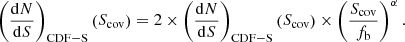 $$ \begin{aligned} \left(\frac{\mathrm{d} N}{\mathrm{d} S}\right)_\mathrm{CDF-S} \left(S_\mathrm{cov} \right) = 2\times \left(\frac{\mathrm{d} N}{\mathrm{d} S}\right)_\mathrm{CDF-S} \left(S_\mathrm{cov} \right) \times \left(\frac{S_\mathrm{cov} }{f_\mathrm{b} }\right)^{\alpha } .\end{aligned} $$