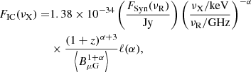 $$ \begin{aligned} F_\mathrm{IC} (\nu _\mathrm{X} ) = &1.38\times 10^{-34}\left(\frac{F_\mathrm{Syn} (\nu _\mathrm{R} )}{\mathrm{Jy} }\right)\left(\frac{\nu _\mathrm{X} /\mathrm{keV} }{\nu _\mathrm{R} /\mathrm{GHz} }\right)^{-\alpha }\nonumber \\&\times \frac{(1+z)^{\alpha +3}}{\left < B_{\mu \mathrm{G} }^{1+\alpha }\right>}\ell (\alpha ), \end{aligned} $$