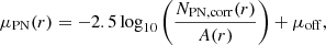 $$ \begin{aligned} \mu _{\rm PN}(r) = -2.5\log _{10}\left(\frac{N_{\rm PN,corr}(r)}{A(r)}\right) + \mu _{\rm off}, \end{aligned} $$