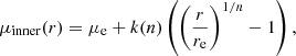 $$ \begin{aligned} \mu _{\rm inner}(r) = \mu _{\rm e} + k(n)\left(\left(\frac{r}{r_{\rm e}}\right)^{1/n} - 1 \right), \end{aligned} $$