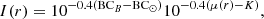 $$ \begin{aligned} I(r) = 10^{-0.4(\mathrm{BC}_B - \mathrm{BC}_{\odot })}10^{-0.4(\mu (r) - K)}, \end{aligned} $$