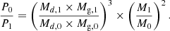 $$ \begin{aligned} \frac{{P}_{0}}{{P}_{1}}=\left(\frac{{M}_{d,1}\times {{M}_\mathrm{g,1} }}{{M}_{d,0}\times {{M}_\mathrm{g,0} }}\right)^{3}\times \left(\frac{{M}_{1}}{{M}_{0}}\right)^{2}. \end{aligned} $$