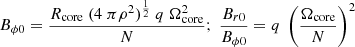 $$ \begin{aligned} {B}_{{\phi }0}={{R}_\mathrm{core} ~{{(4~\pi }{\rho ^{2}})^{{1}\over {2}}}~{q}~{{\Omega _\mathrm{core} ^{2}}}\over {{N}}};~{{{B}_{r0}}\over {{B}_{{\phi }0}}}={q}~\left({{\Omega _\mathrm{core} }\over {{N}}}\right)^{2} \end{aligned} $$