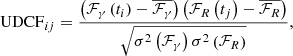 $$ \begin{aligned} \mathrm{UDCF}_{i j}=\frac{\left(\mathcal{F} _{\gamma }\left(t_{i}\right)-\overline{\mathcal{F} _{\gamma }}\right)\left(\mathcal{F} _{R}\left(t_{j}\right)-\overline{\mathcal{F} _{R}}\right)}{\sqrt{\sigma ^{2}\left(\mathcal{F} _{\gamma }\right) \sigma ^{2}\left(\mathcal{F} _{R}\right)}}, \end{aligned} $$