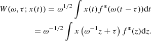 $$ \begin{aligned} \begin{aligned}&W(\omega , \tau ; x(t)) = \omega ^{1 / 2} \int x(t) f^{*}(\omega (t-\tau )) \mathrm{d} t \\&\qquad \qquad \quad =\omega ^{-1 / 2} \int x\left(\omega ^{-1} z+\tau \right) f^{*}(z) \mathrm{d} z . \end{aligned} \end{aligned} $$